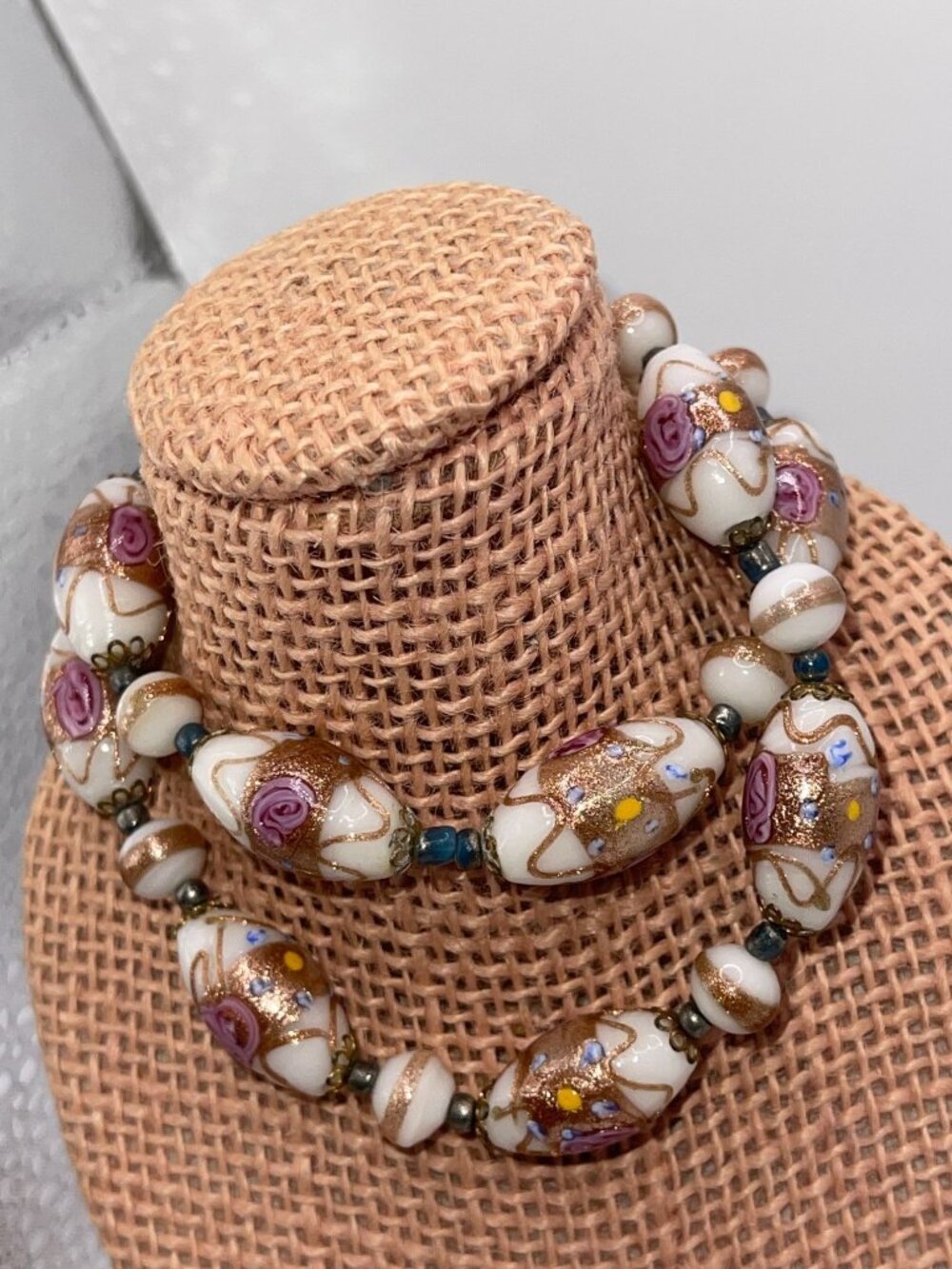 Vintage Venetian Murano Wedding Cake Glass Beaded Necklace White Pink Blue & Gol